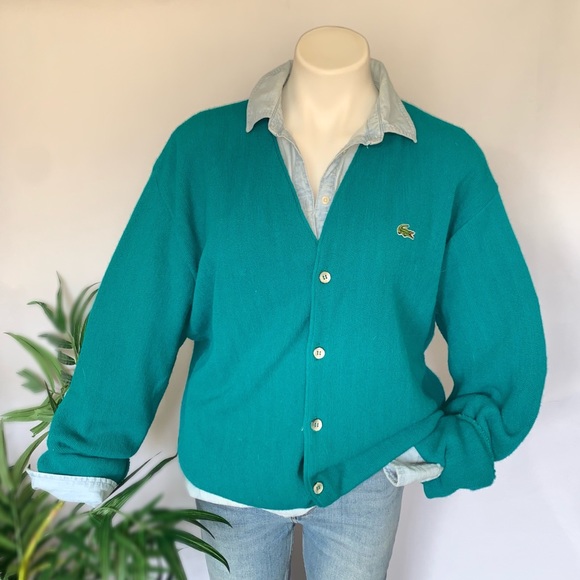 Lacoste Sweaters - v i n t a g e :: Izod Lacoste Oversized Teal Preppy V-Neck Knit Cardigan